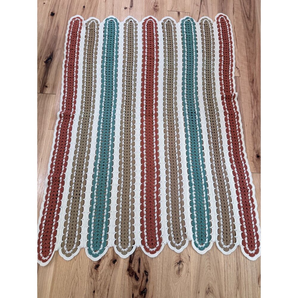 Handmade Crochet Striped Afghan Blanket - Rust Teal Taupe Cream 65” x 48”